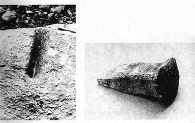 Figure 5. Chel Maran quarry and ancient stonecutting tools found at the Chel Maran campus (Mehriar & Kabiri 2003: 85).